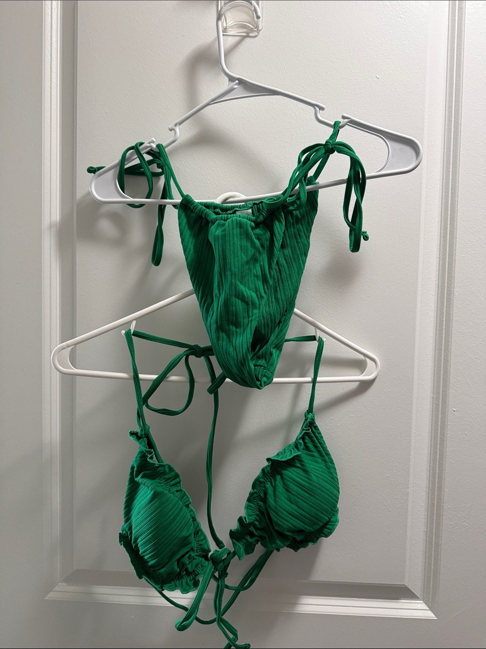 Green Ribbed Tie-String Bikini Set with cover up